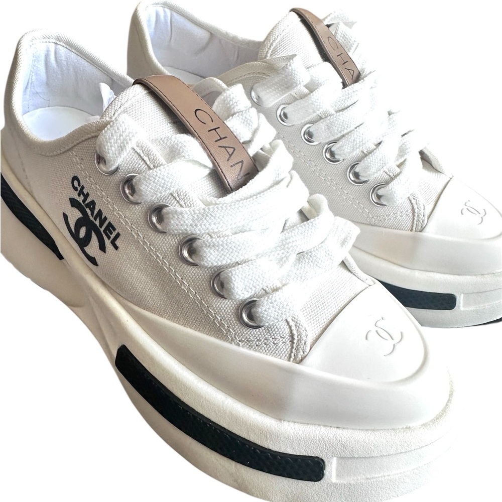 CHANEL White and Black Sneakers with Platform Sole